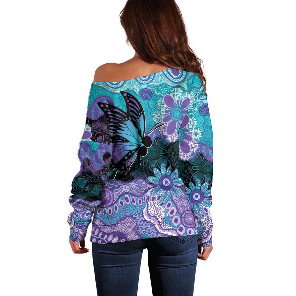 Australia Indigenous Teal Purple Contemporary Aboriginal Art Off Shoulder Sweater Hope Is Real