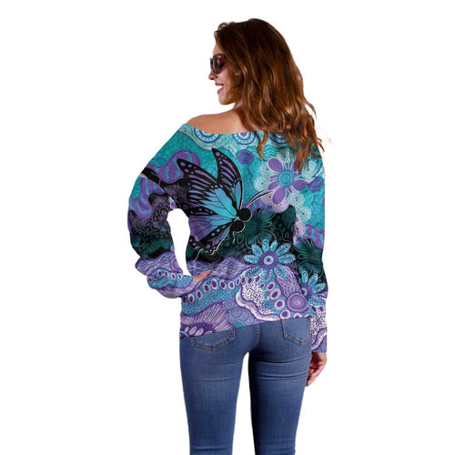Australia Indigenous Teal Purple Contemporary Aboriginal Art Off Shoulder Sweater Hope Is Real