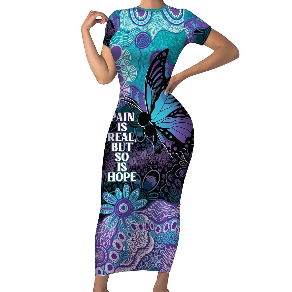Australia Indigenous Teal Purple Contemporary Aboriginal Art Short Sleeve Bodycon Dress Hope Is Real
