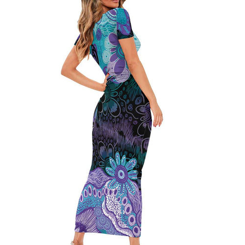 Australia Indigenous Teal Purple Contemporary Aboriginal Art Short Sleeve Bodycon Dress Hope Is Real