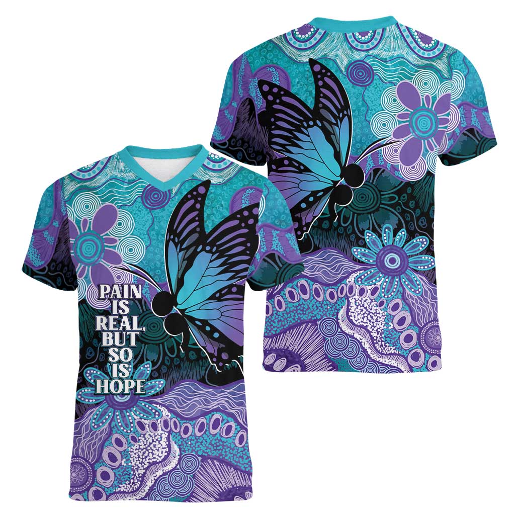 Australia Indigenous Teal Purple Contemporary Aboriginal Art Women V-Neck T-Shirt Hope Is Real