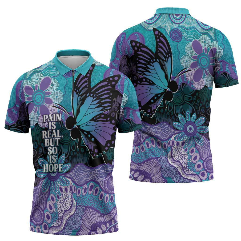 Australia Indigenous Teal Purple Contemporary Aboriginal Art Zipper Polo Shirt Hope Is Real