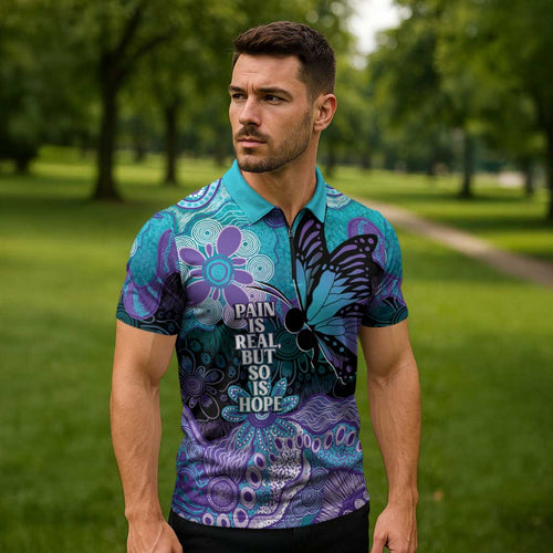 Australia Indigenous Teal Purple Contemporary Aboriginal Art Zipper Polo Shirt Hope Is Real