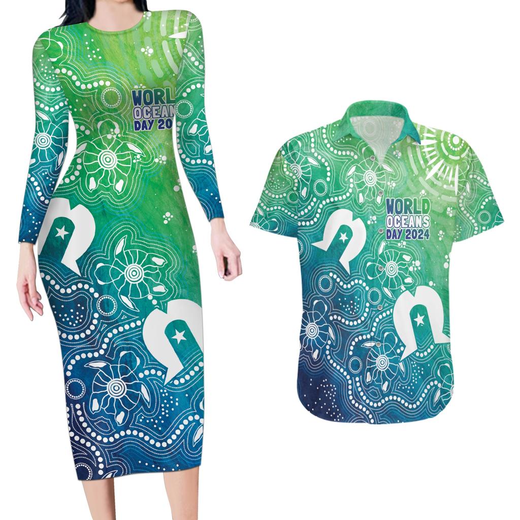 Australia Aboriginal Style Couples Matching Long Sleeve Bodycon Dress and Hawaiian Shirt World Ocean Day