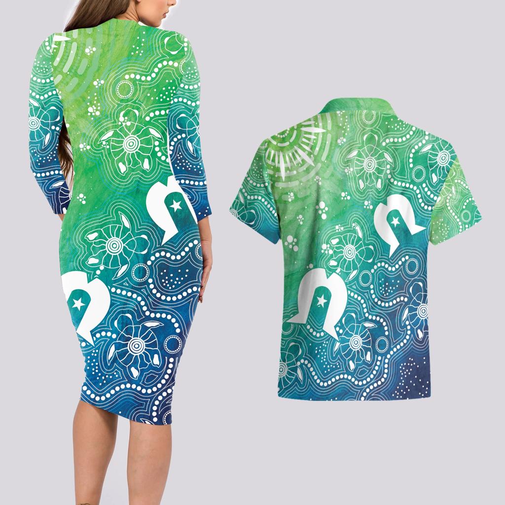 Australia Aboriginal Style Couples Matching Long Sleeve Bodycon Dress and Hawaiian Shirt World Ocean Day