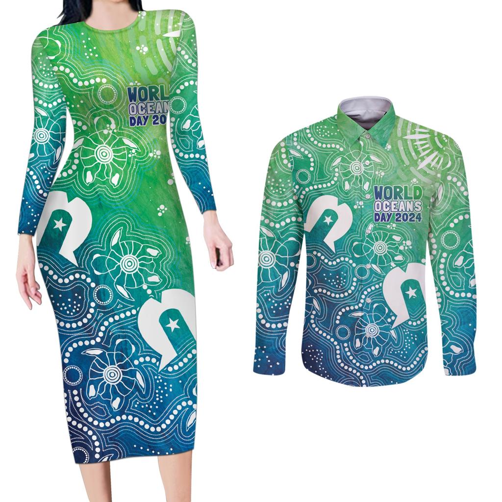 Australia Aboriginal Style Couples Matching Long Sleeve Bodycon Dress and Long Sleeve Button Shirt World Ocean Day