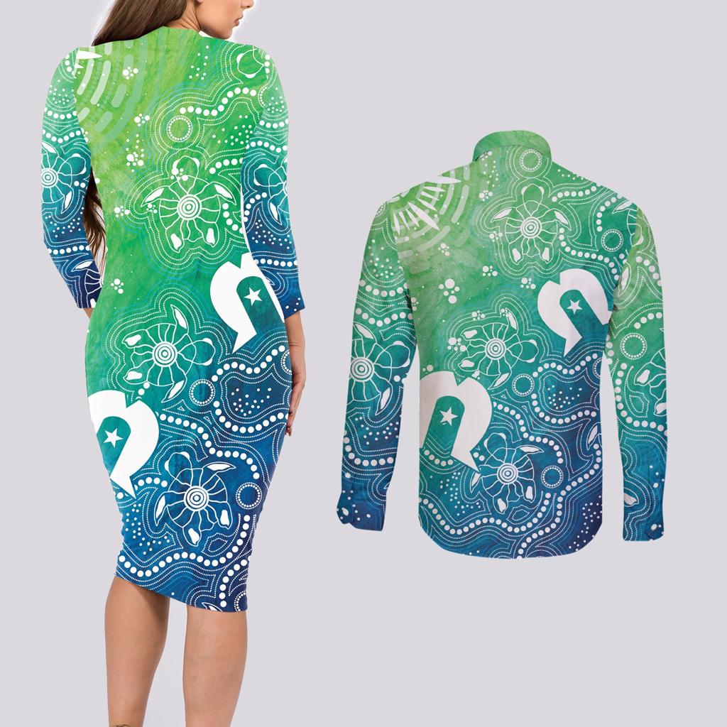 Australia Aboriginal Style Couples Matching Long Sleeve Bodycon Dress and Long Sleeve Button Shirt World Ocean Day