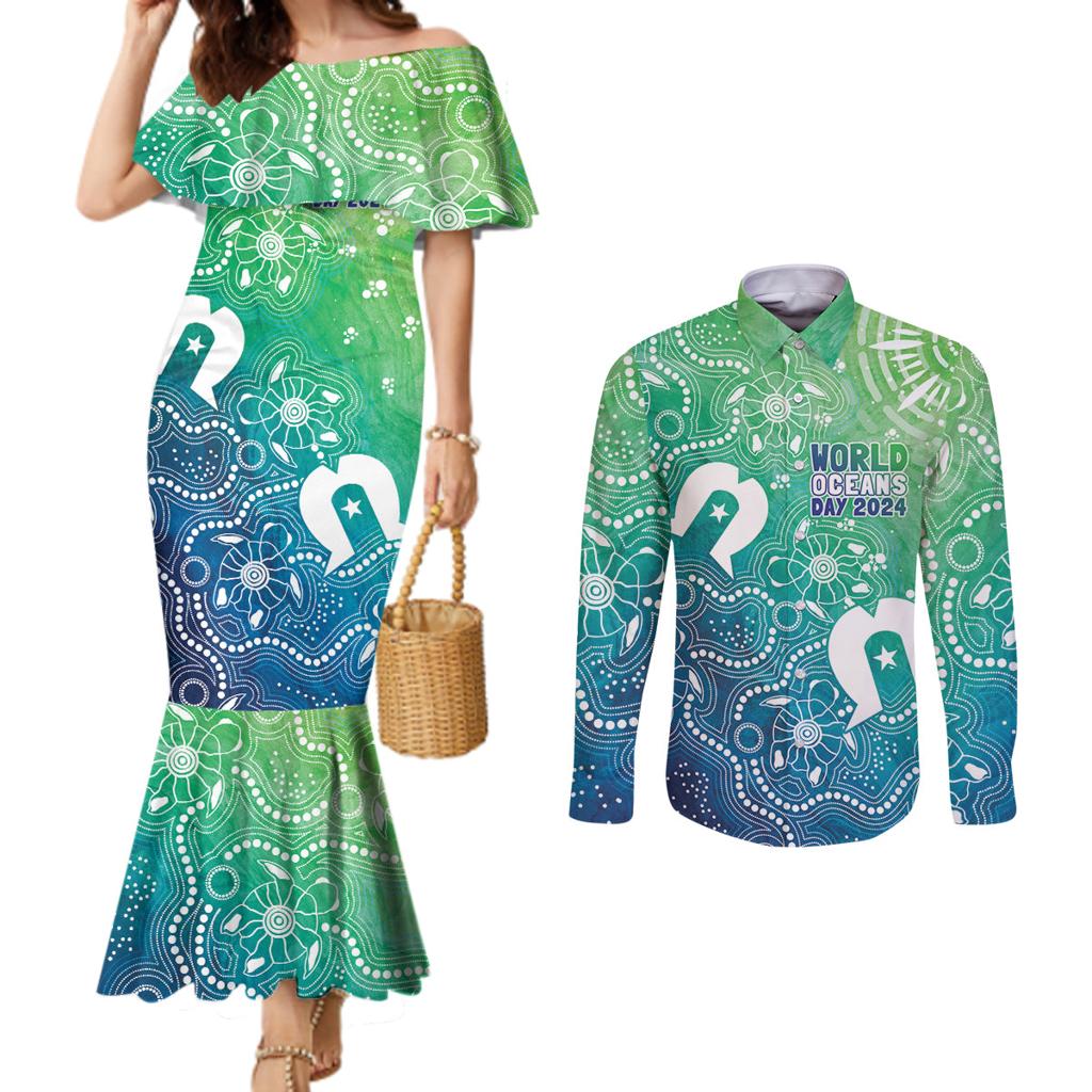 Australia Aboriginal Style Couples Matching Mermaid Dress and Long Sleeve Button Shirt World Ocean Day