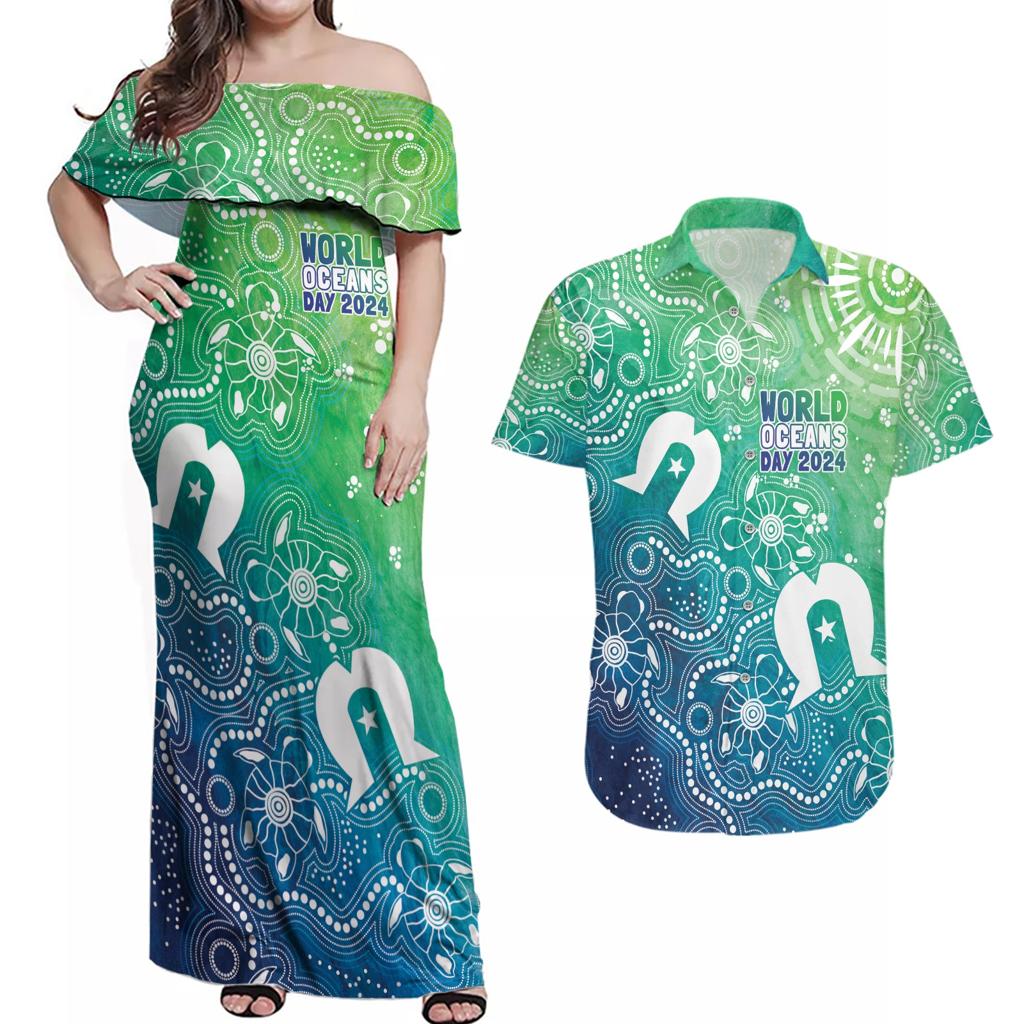 Australia Aboriginal Style Couples Matching Off Shoulder Maxi Dress and Hawaiian Shirt World Ocean Day