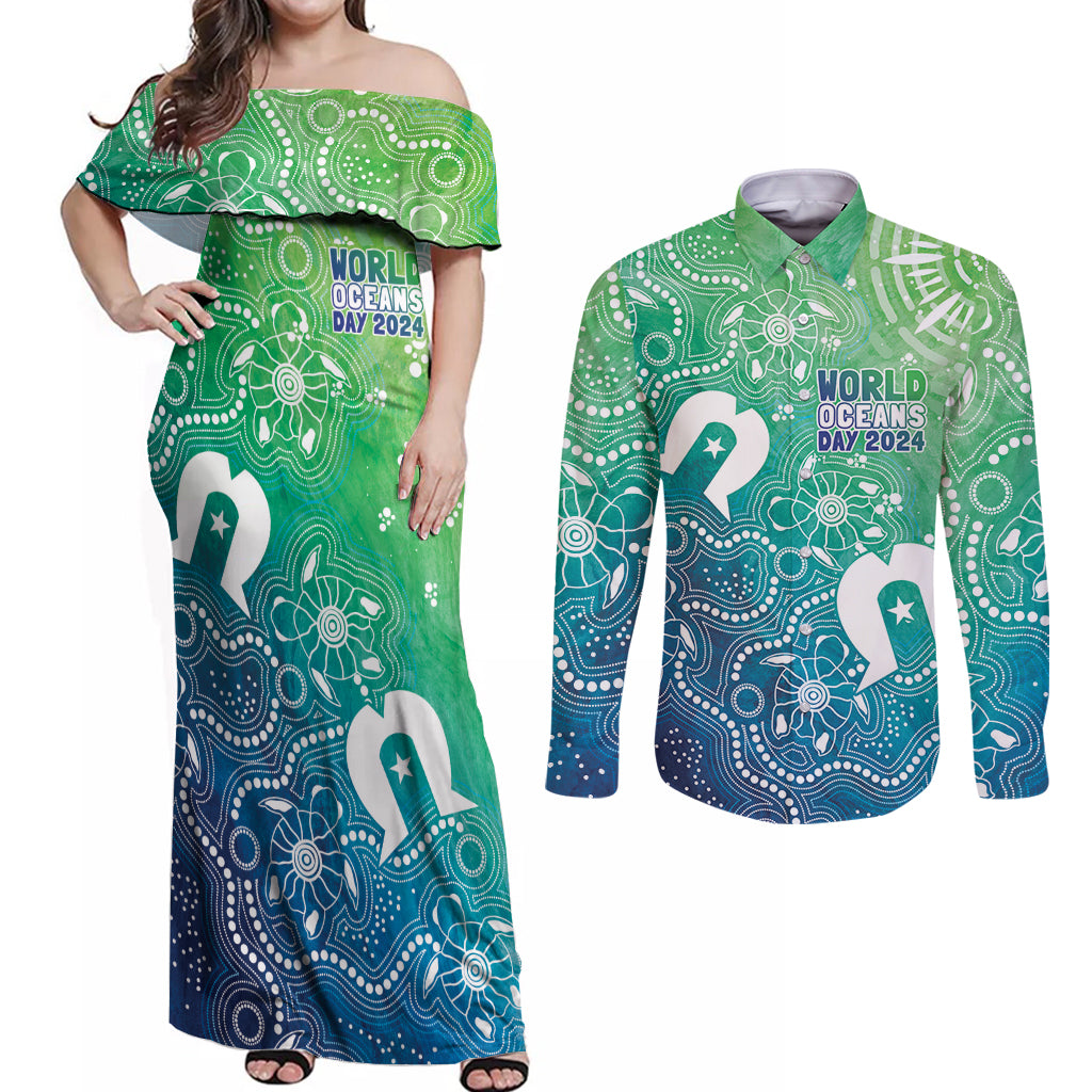 Australia Aboriginal Style Couples Matching Off Shoulder Maxi Dress and Long Sleeve Button Shirt World Ocean Day