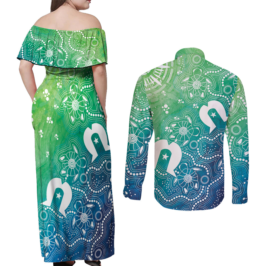 Australia Aboriginal Style Couples Matching Off Shoulder Maxi Dress and Long Sleeve Button Shirt World Ocean Day
