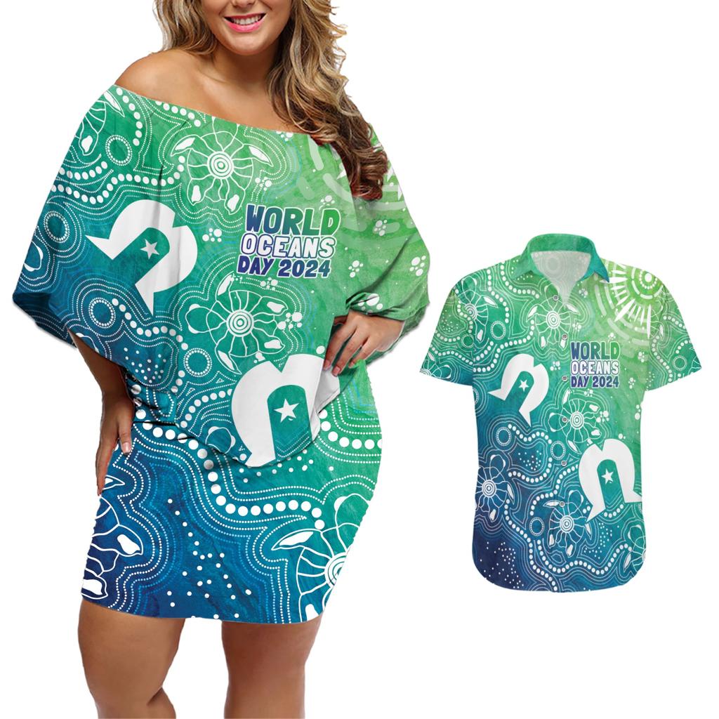 Australia Aboriginal Style Couples Matching Off Shoulder Short Dress and Hawaiian Shirt World Ocean Day