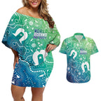Australia Aboriginal Style Couples Matching Off Shoulder Short Dress and Hawaiian Shirt World Ocean Day