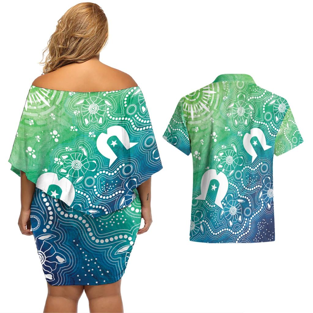 Australia Aboriginal Style Couples Matching Off Shoulder Short Dress and Hawaiian Shirt World Ocean Day
