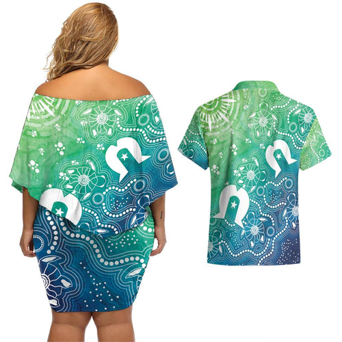 Australia Aboriginal Style Couples Matching Off Shoulder Short Dress and Hawaiian Shirt World Ocean Day