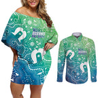 Australia Aboriginal Style Couples Matching Off Shoulder Short Dress and Long Sleeve Button Shirt World Ocean Day