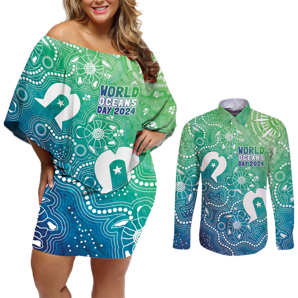 Australia Aboriginal Style Couples Matching Off Shoulder Short Dress and Long Sleeve Button Shirt World Ocean Day