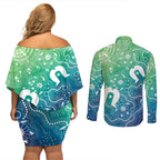Australia Aboriginal Style Couples Matching Off Shoulder Short Dress and Long Sleeve Button Shirt World Ocean Day