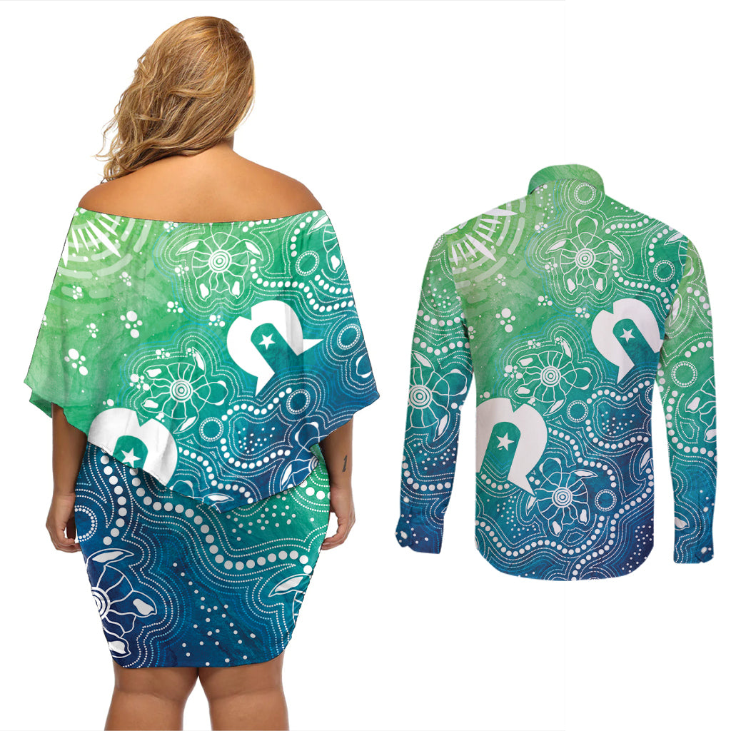 Australia Aboriginal Style Couples Matching Off Shoulder Short Dress and Long Sleeve Button Shirt World Ocean Day