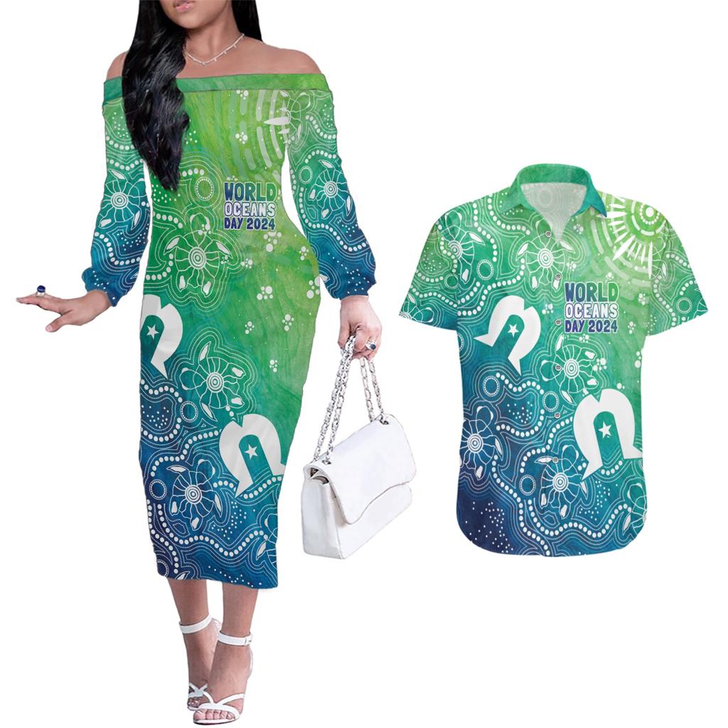 Australia Aboriginal Style Couples Matching Off The Shoulder Long Sleeve Dress and Hawaiian Shirt World Ocean Day
