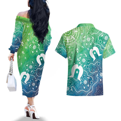 Australia Aboriginal Style Couples Matching Off The Shoulder Long Sleeve Dress and Hawaiian Shirt World Ocean Day