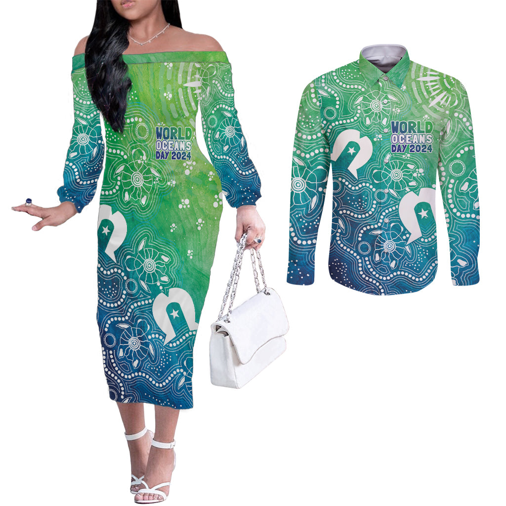 Australia Aboriginal Style Couples Matching Off The Shoulder Long Sleeve Dress and Long Sleeve Button Shirt World Ocean Day
