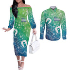 Australia Aboriginal Style Couples Matching Off The Shoulder Long Sleeve Dress and Long Sleeve Button Shirt World Ocean Day