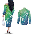 Australia Aboriginal Style Couples Matching Off The Shoulder Long Sleeve Dress and Long Sleeve Button Shirt World Ocean Day