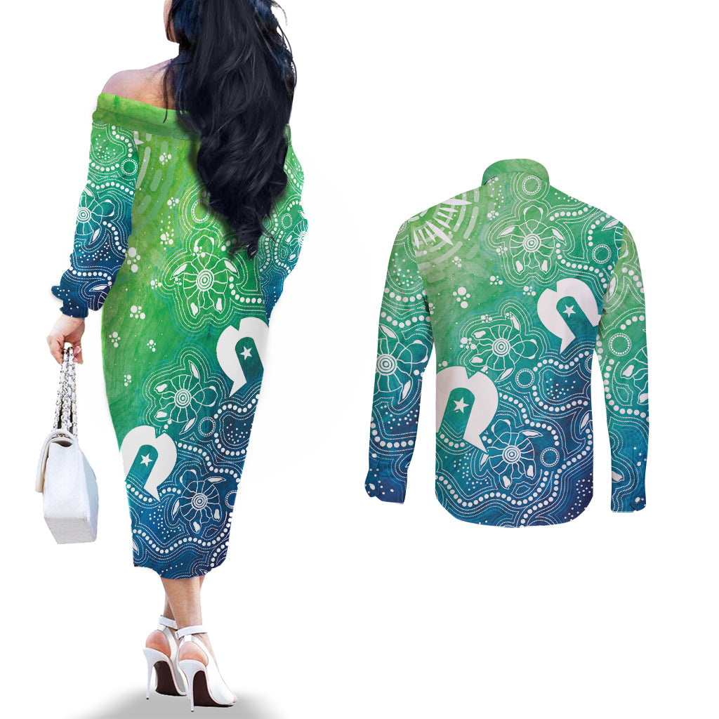 Australia Aboriginal Style Couples Matching Off The Shoulder Long Sleeve Dress and Long Sleeve Button Shirt World Ocean Day