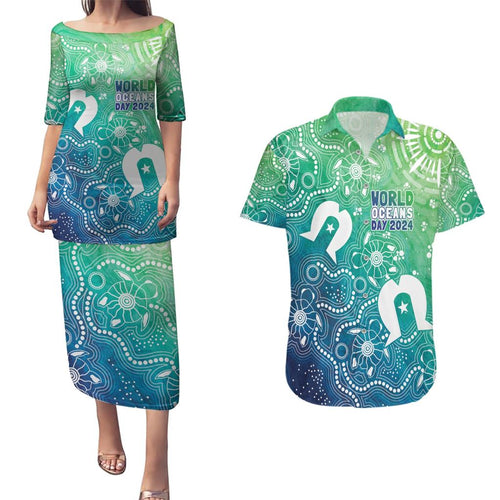 Australia Aboriginal Style Couples Matching Puletasi and Hawaiian Shirt World Ocean Day