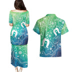 Australia Aboriginal Style Couples Matching Puletasi and Hawaiian Shirt World Ocean Day