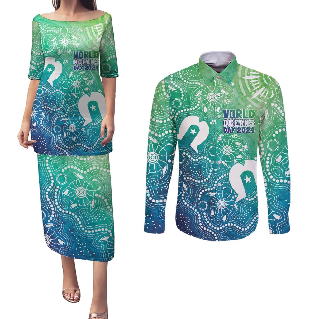 Australia Aboriginal Style Couples Matching Puletasi and Long Sleeve Button Shirt World Ocean Day