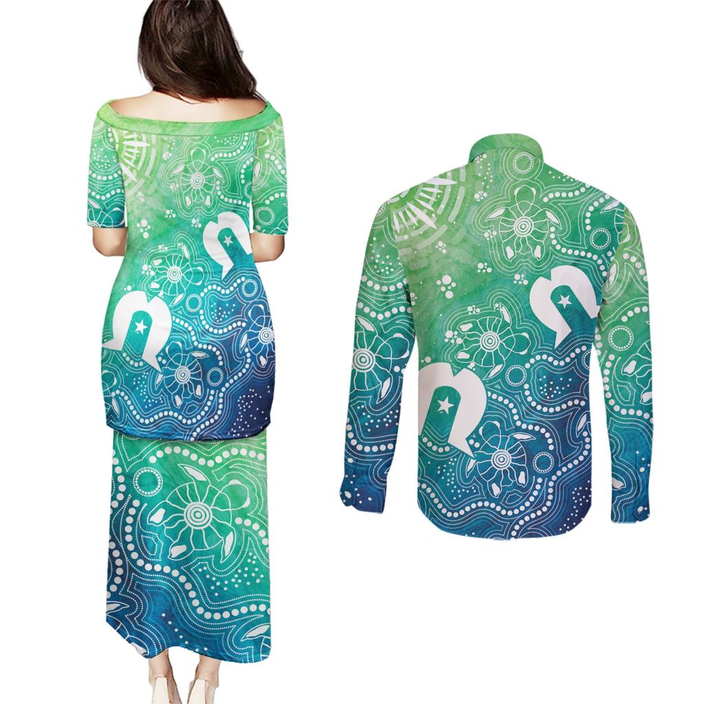 Australia Aboriginal Style Couples Matching Puletasi and Long Sleeve Button Shirt World Ocean Day