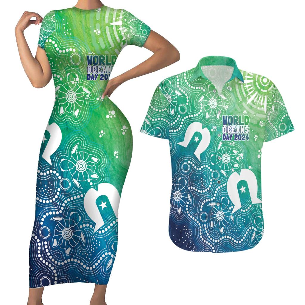 Australia Aboriginal Style Couples Matching Short Sleeve Bodycon Dress and Hawaiian Shirt World Ocean Day