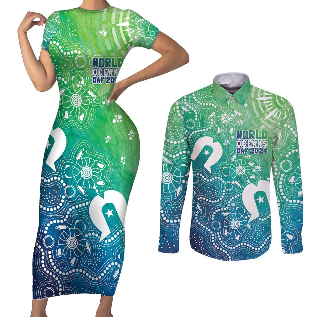 Australia Aboriginal Style Couples Matching Short Sleeve Bodycon Dress and Long Sleeve Button Shirt World Ocean Day
