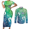 Australia Aboriginal Style Couples Matching Short Sleeve Bodycon Dress and Long Sleeve Button Shirt World Ocean Day