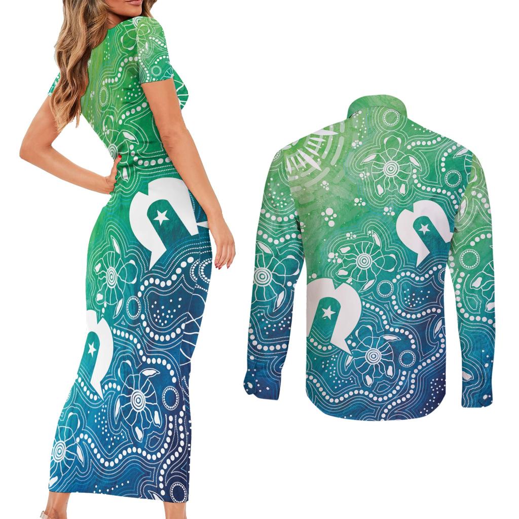 Australia Aboriginal Style Couples Matching Short Sleeve Bodycon Dress and Long Sleeve Button Shirt World Ocean Day