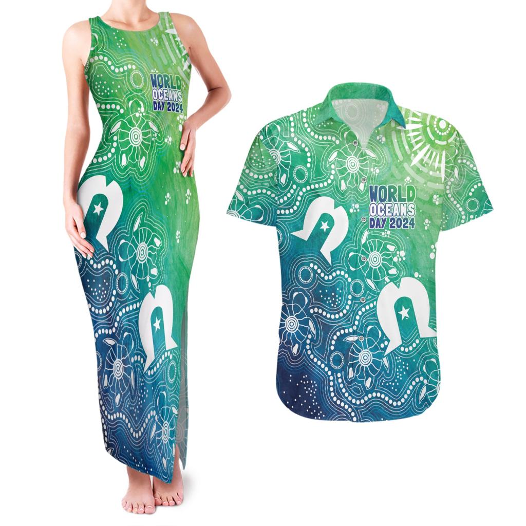 Australia Aboriginal Style Couples Matching Tank Maxi Dress and Hawaiian Shirt World Ocean Day