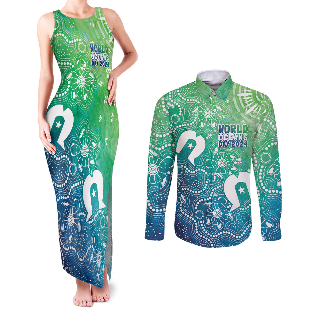 Australia Aboriginal Style Couples Matching Tank Maxi Dress and Long Sleeve Button Shirt World Ocean Day