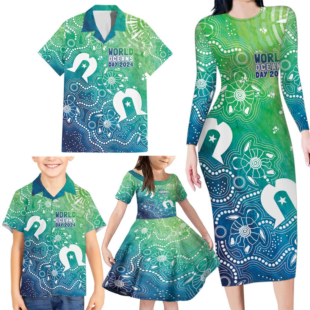 Australia Aboriginal Style Family Matching Long Sleeve Bodycon Dress and Hawaiian Shirt World Ocean Day