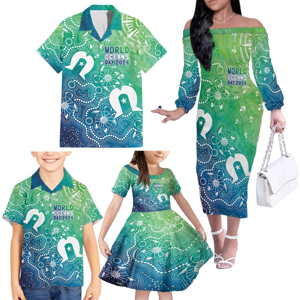 Australia Aboriginal Style Family Matching Off The Shoulder Long Sleeve Dress and Hawaiian Shirt World Ocean Day