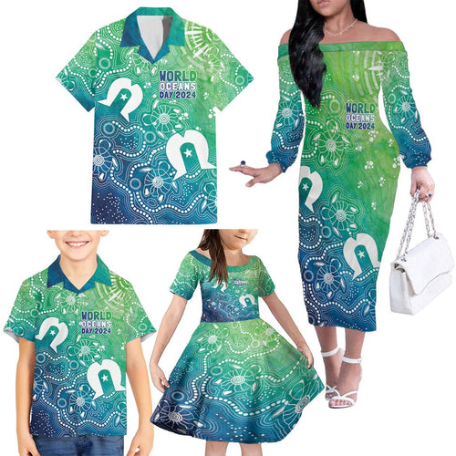 Australia Aboriginal Style Family Matching Off The Shoulder Long Sleeve Dress and Hawaiian Shirt World Ocean Day