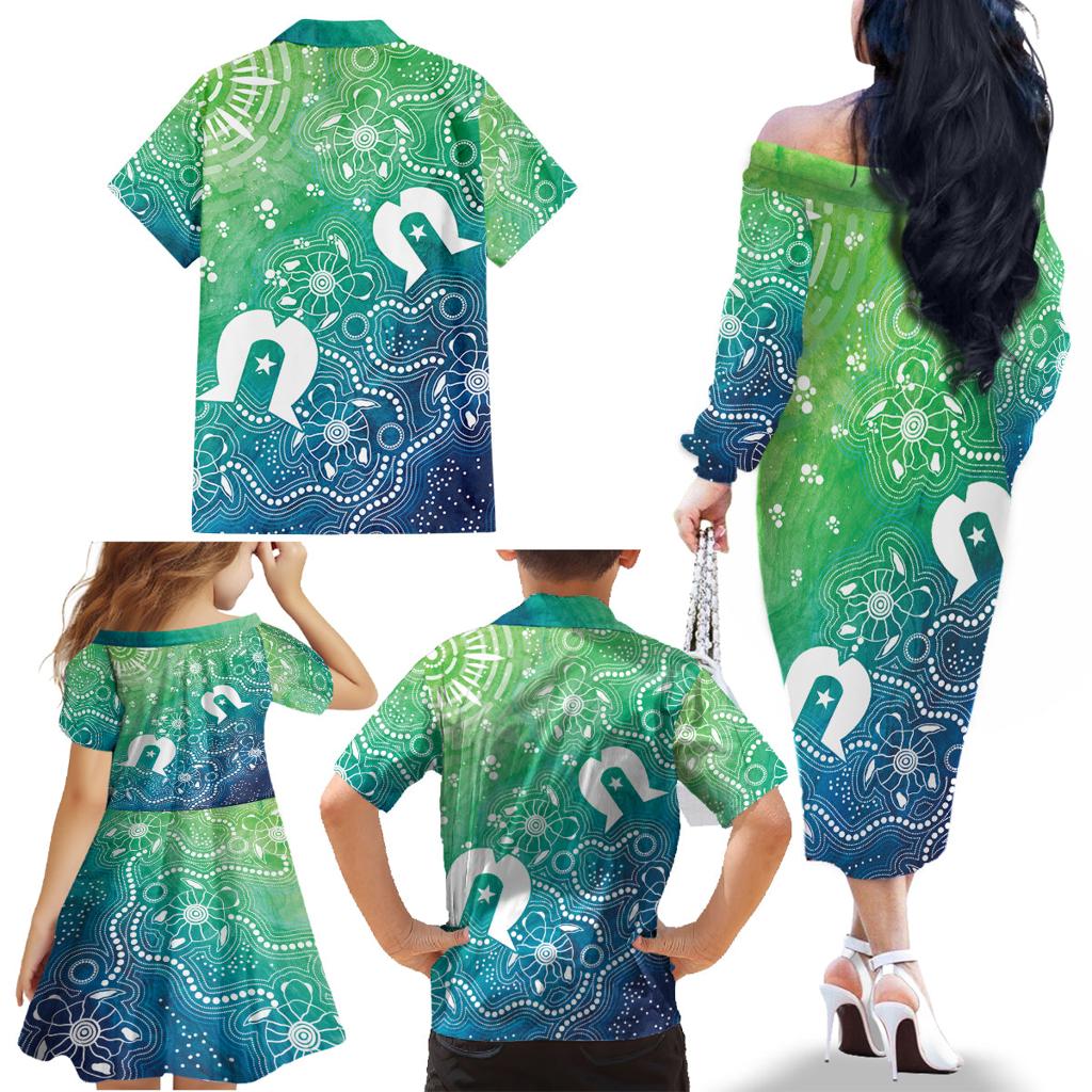 Australia Aboriginal Style Family Matching Off The Shoulder Long Sleeve Dress and Hawaiian Shirt World Ocean Day