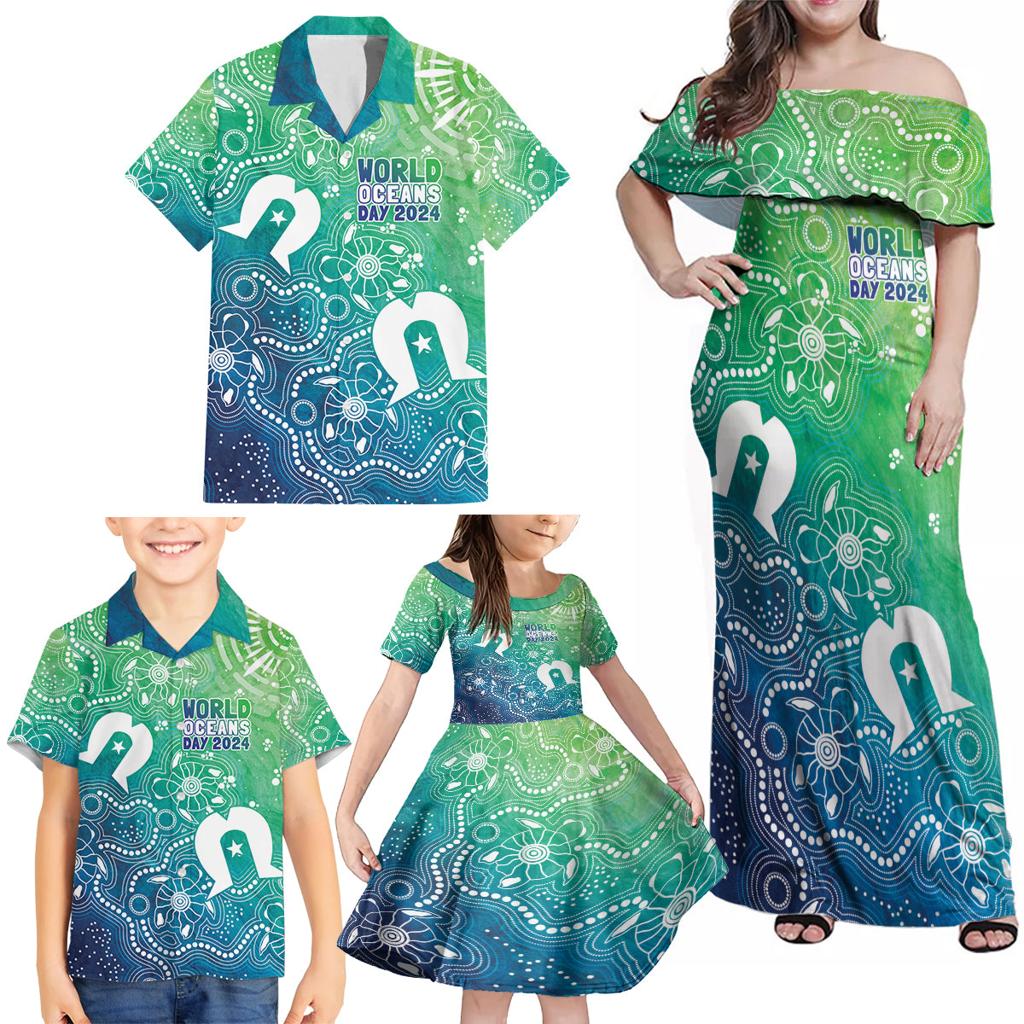 Australia Aboriginal Style Family Matching Off Shoulder Maxi Dress and Hawaiian Shirt World Ocean Day