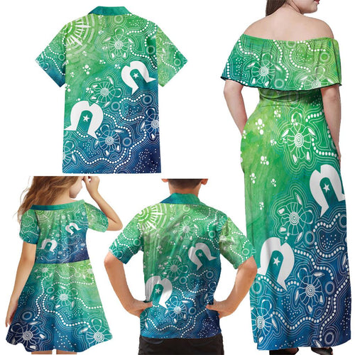 Australia Aboriginal Style Family Matching Off Shoulder Maxi Dress and Hawaiian Shirt World Ocean Day