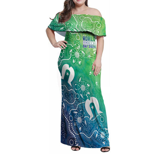 Australia Aboriginal Style Family Matching Off Shoulder Maxi Dress and Hawaiian Shirt World Ocean Day