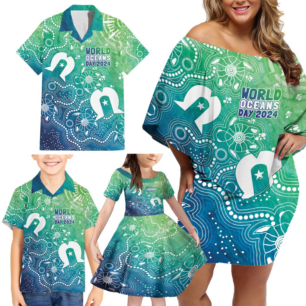 Australia Aboriginal Style Family Matching Off Shoulder Short Dress and Hawaiian Shirt World Ocean Day