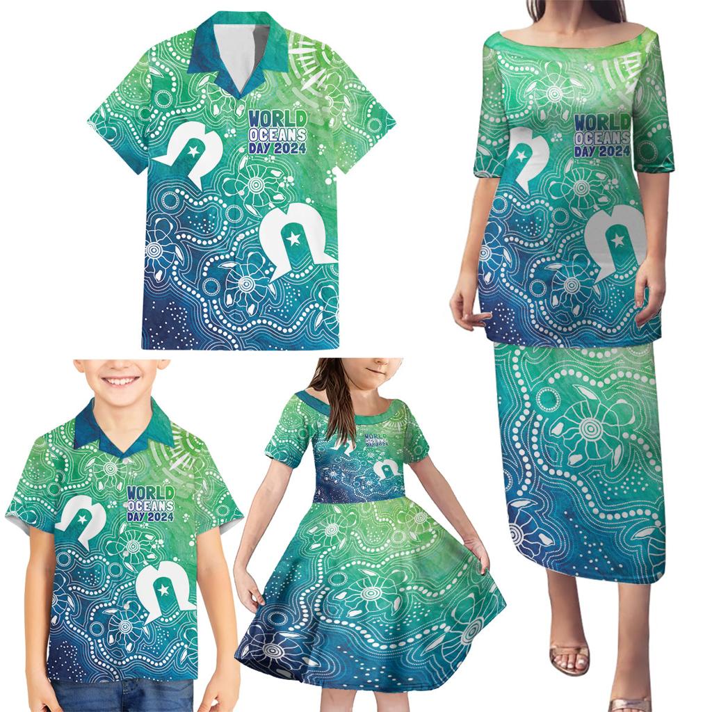Australia Aboriginal Style Family Matching Puletasi and Hawaiian Shirt World Ocean Day