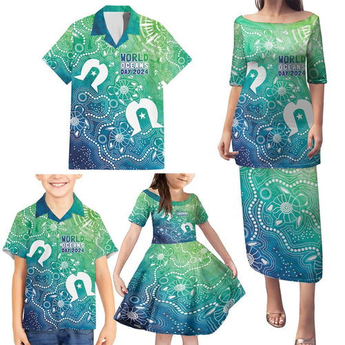 Australia Aboriginal Style Family Matching Puletasi and Hawaiian Shirt World Ocean Day