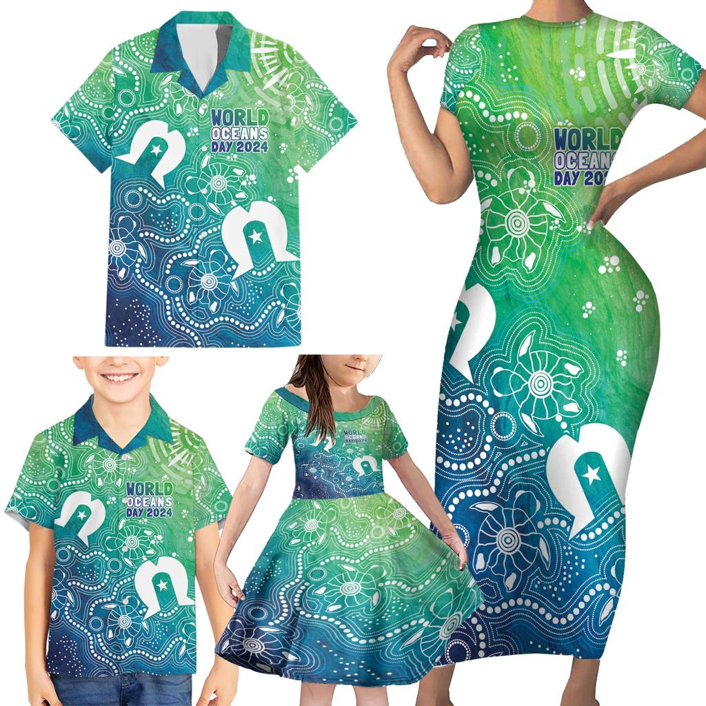Australia Aboriginal Style Family Matching Short Sleeve Bodycon Dress and Hawaiian Shirt World Ocean Day